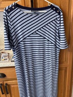 Karen Scott Navy and Light Blue Striped Dress with Crew Neck
